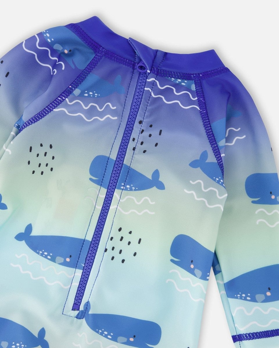 Baby And Toddlers One - Piece Long Sleeve Rashguard Blue Whale Print - LittleTreasures
