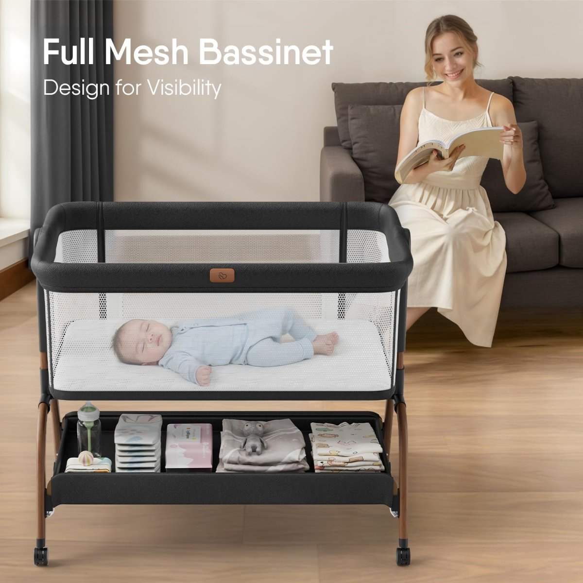 Baby Bassinet Bedside Crib, 3 - in - 1 Baby Bassinet Bedside Sleeper, Full - Mesh Sides, 6 - Height Adjustable, Stable and Secure Crib for Newborns - LittleTreasures