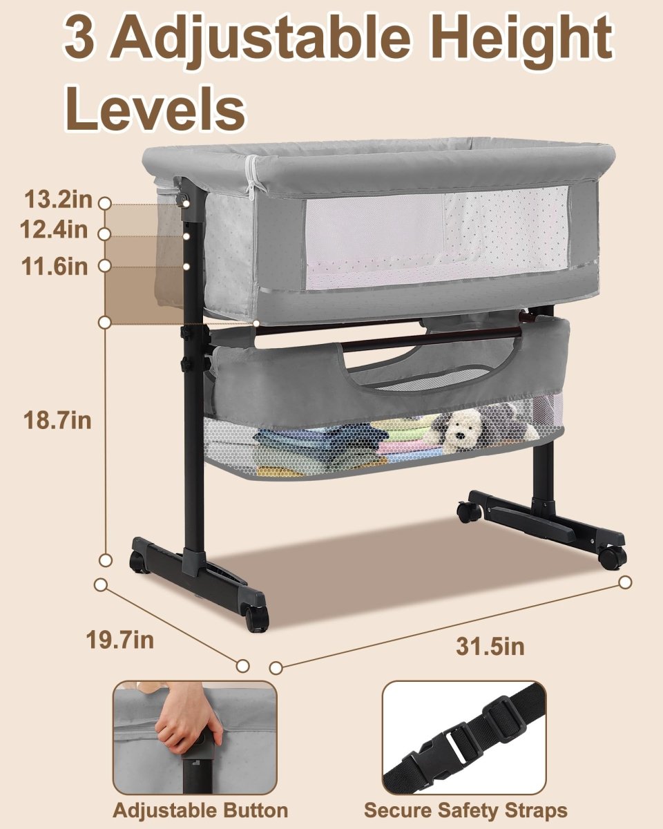 Baby Bassinet Bedside Sleeper - 3 in 1 Adjustable Height Bedside Bassinet with Breathable Mesh, Wheels & Storage Basket and Bag, Portable Folding Baby Cradle for Infants & Newborns, Grey - LittleTreasures