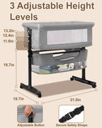 Baby Bassinet Bedside Sleeper - 3 in 1 Adjustable Height Bedside Bassinet with Breathable Mesh, Wheels & Storage Basket and Bag, Portable Folding Baby Cradle for Infants & Newborns, Grey - LittleTreasures