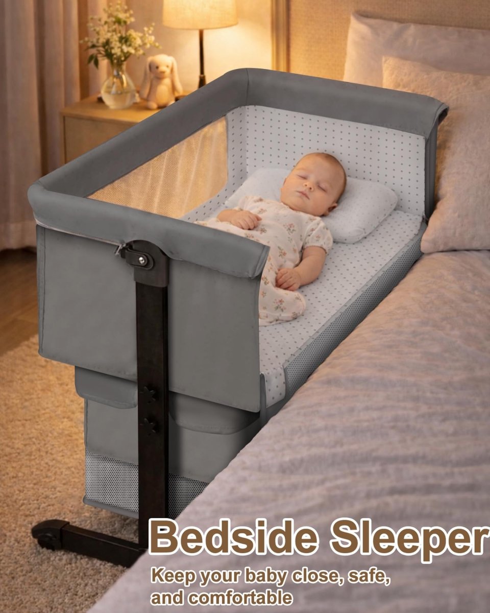 Baby Bassinet Bedside Sleeper - 3 in 1 Adjustable Height Bedside Bassinet with Breathable Mesh, Wheels & Storage Basket and Bag, Portable Folding Baby Cradle for Infants & Newborns, Grey - LittleTreasures