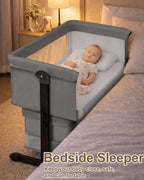 Baby Bassinet Bedside Sleeper - 3 in 1 Adjustable Height Bedside Bassinet with Breathable Mesh, Wheels & Storage Basket and Bag, Portable Folding Baby Cradle for Infants & Newborns, Grey - LittleTreasures