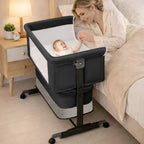 Baby Bassinet Bedside Sleeper - 3 in 1 Adjustable Height Bedside Bassinet with Breathable Mesh, Wheels & Storage Basket and Bag, Portable Folding Baby Cradle for Infants & Newborns, Grey - LittleTreasures