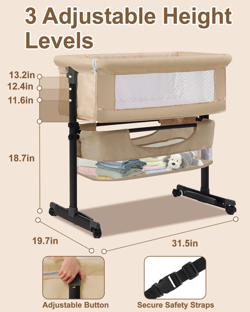 Baby Bassinet Bedside Sleeper - 3 in 1 Adjustable Height Bedside Bassinet with Breathable Mesh, Wheels & Storage Basket and Bag, Portable Folding Baby Cradle for Infants & Newborns, Grey - LittleTreasures