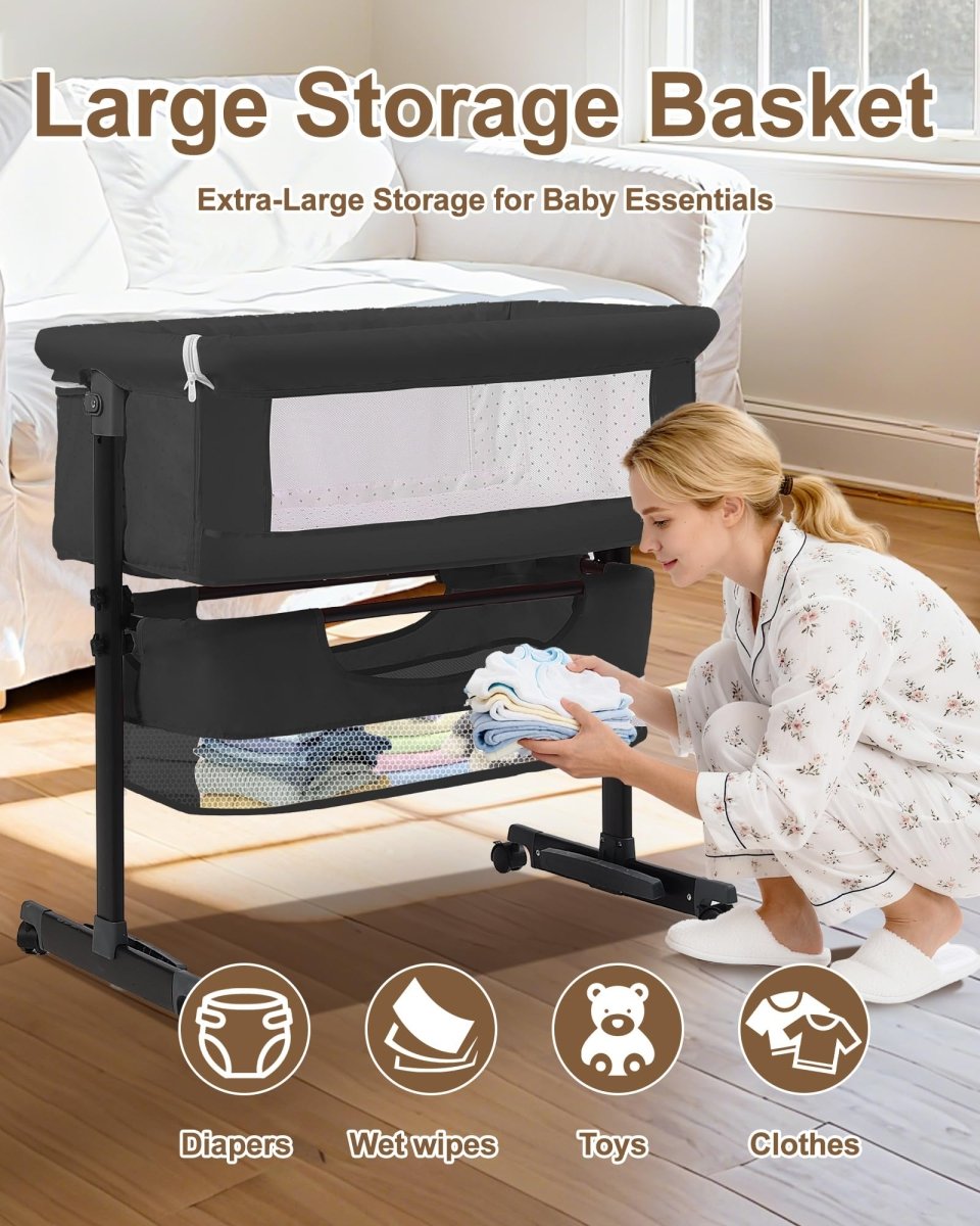 Baby Bassinet Bedside Sleeper - 3 in 1 Adjustable Height Bedside Bassinet with Breathable Mesh, Wheels & Storage Basket and Bag, Portable Folding Baby Cradle for Infants & Newborns, Grey - LittleTreasures