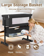 Baby Bassinet Bedside Sleeper - 3 in 1 Adjustable Height Bedside Bassinet with Breathable Mesh, Wheels & Storage Basket and Bag, Portable Folding Baby Cradle for Infants & Newborns, Grey - LittleTreasures