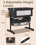 Baby Bassinet Bedside Sleeper - 3 in 1 Adjustable Height Bedside Bassinet with Breathable Mesh, Wheels & Storage Basket and Bag, Portable Folding Baby Cradle for Infants & Newborns, Grey - LittleTreasures