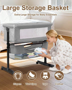 Baby Bassinet Bedside Sleeper - 3 in 1 Adjustable Height Bedside Bassinet with Breathable Mesh, Wheels & Storage Basket and Bag, Portable Folding Baby Cradle for Infants & Newborns, Grey - LittleTreasures