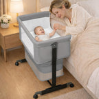 Baby Bassinet Bedside Sleeper - 3 in 1 Adjustable Height Bedside Bassinet with Breathable Mesh, Wheels & Storage Basket and Bag, Portable Folding Baby Cradle for Infants & Newborns, Grey - LittleTreasures