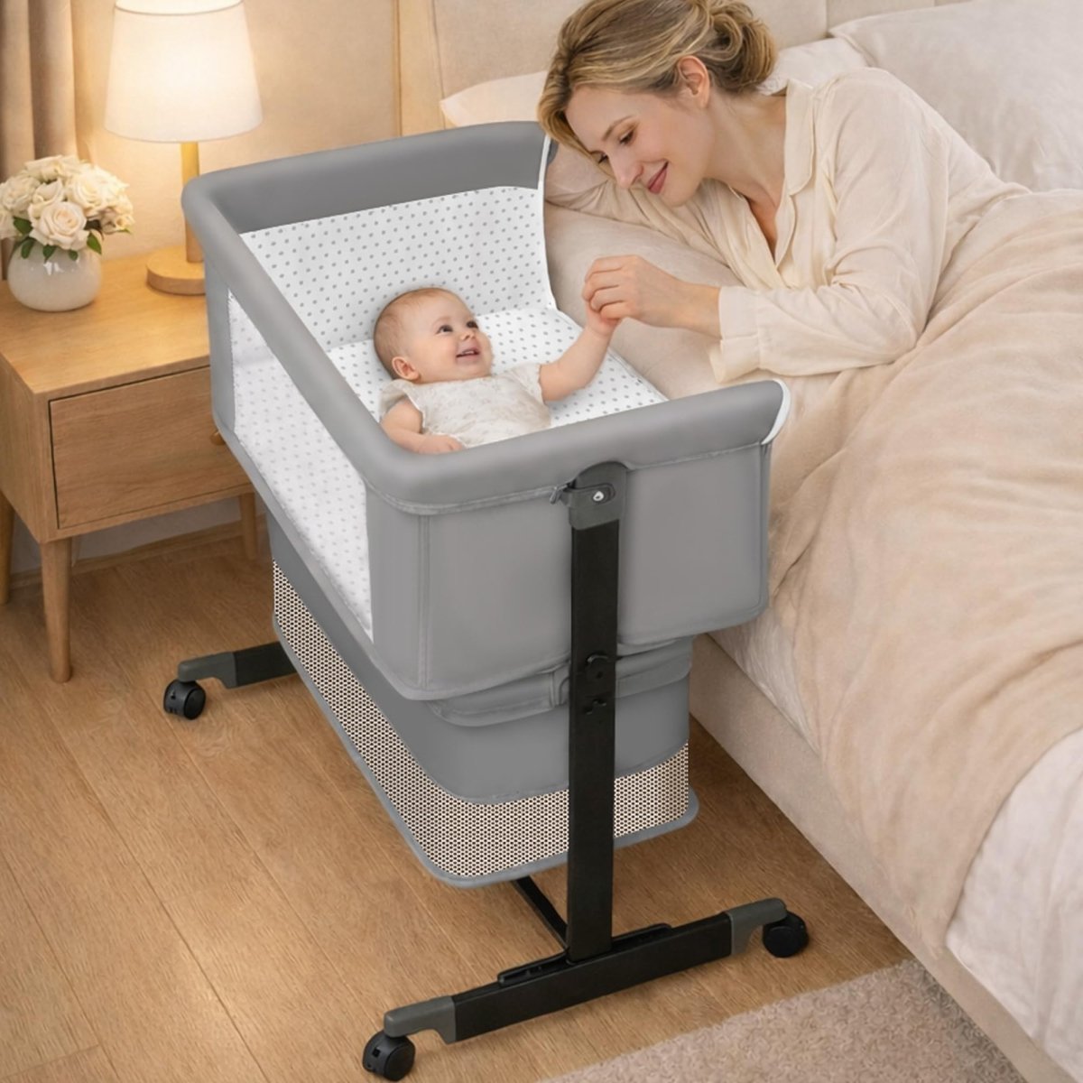 Baby Bassinet Bedside Sleeper - 3 in 1 Adjustable Height Bedside Bassinet with Breathable Mesh, Wheels & Storage Basket and Bag, Portable Folding Baby Cradle for Infants & Newborns, Grey - LittleTreasures