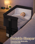 Baby Bassinet Bedside Sleeper - 3 in 1 Adjustable Height Bedside Bassinet with Breathable Mesh, Wheels & Storage Basket and Bag, Portable Folding Baby Cradle for Infants & Newborns, Grey - LittleTreasures