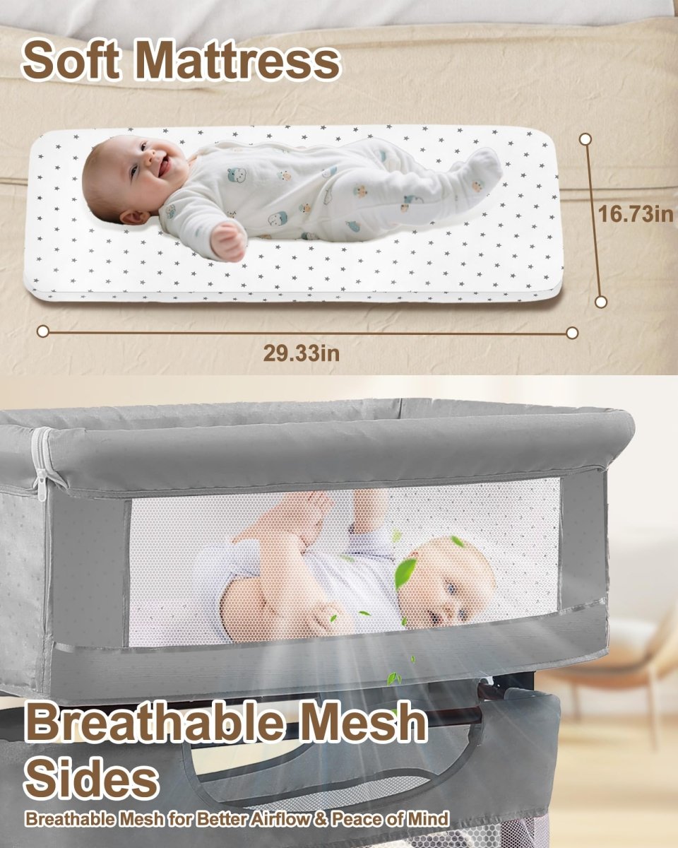 Baby Bassinet Bedside Sleeper - 3 in 1 Adjustable Height Bedside Bassinet with Breathable Mesh, Wheels & Storage Basket and Bag, Portable Folding Baby Cradle for Infants & Newborns, Grey - LittleTreasures