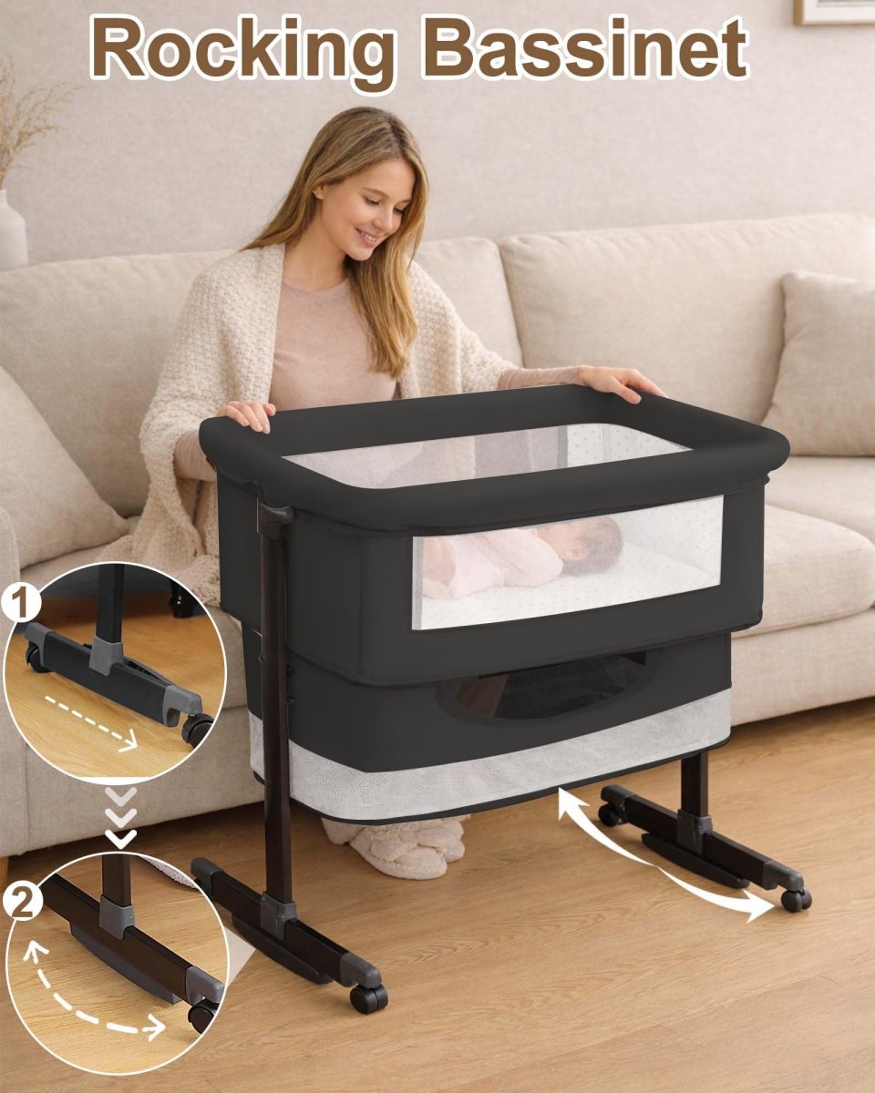 Baby Bassinet Bedside Sleeper - 3 in 1 Adjustable Height Bedside Bassinet with Breathable Mesh, Wheels & Storage Basket and Bag, Portable Folding Baby Cradle for Infants & Newborns, Grey - LittleTreasures