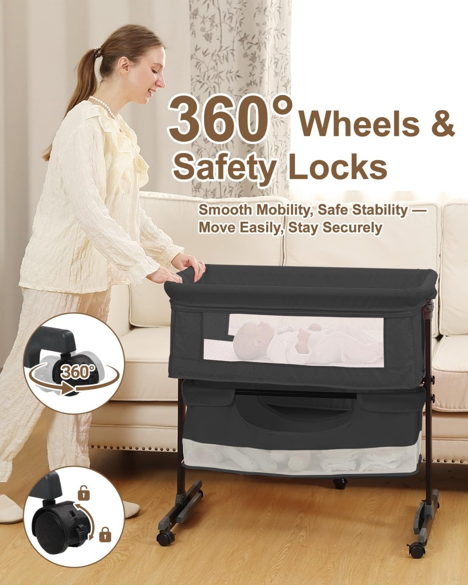 Baby Bassinet Bedside Sleeper - 3 in 1 Adjustable Height Bedside Bassinet with Breathable Mesh, Wheels & Storage Basket and Bag, Portable Folding Baby Cradle for Infants & Newborns, Grey - LittleTreasures