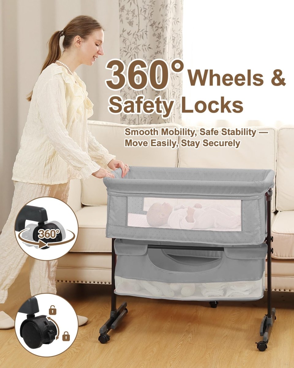 Baby Bassinet Bedside Sleeper - 3 in 1 Adjustable Height Bedside Bassinet with Breathable Mesh, Wheels & Storage Basket and Bag, Portable Folding Baby Cradle for Infants & Newborns, Grey - LittleTreasures