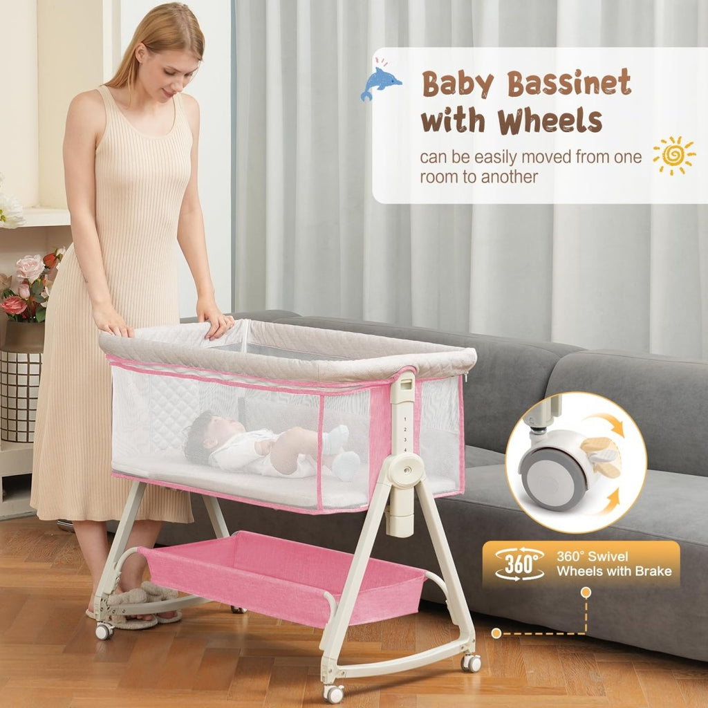 Baby Bassinet, Bedside Sleeper for Baby with Wheels and Storage Basket,All Mesh Portable Bassinet for Newborn,6 Height Adjustable Easy to Assemble Bedside Crib (Upgrade Grey) - LittleTreasures
