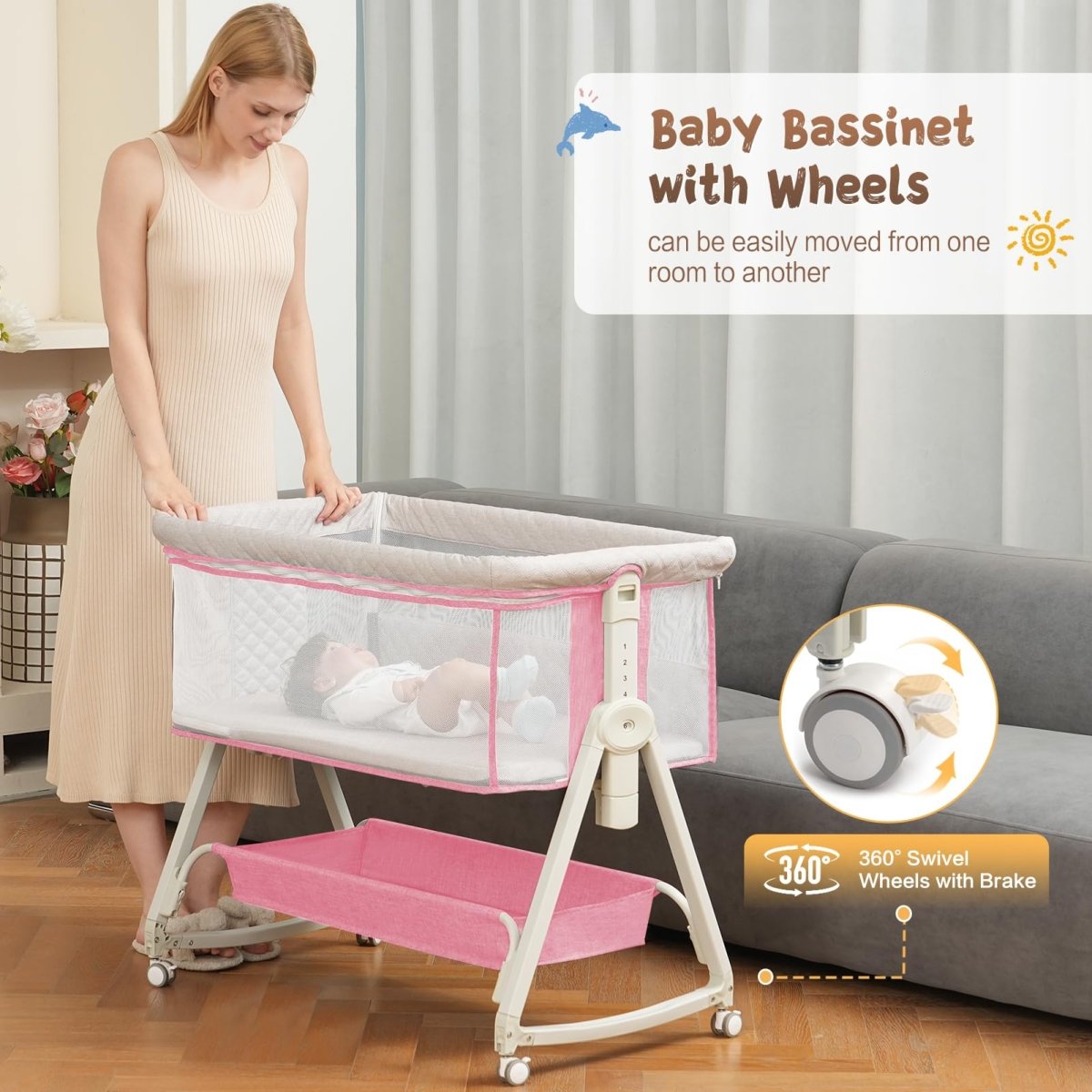 Baby Bassinet, Bedside Sleeper for Baby with Wheels and Storage Basket,All Mesh Portable Bassinet for Newborn,6 Height Adjustable Easy to Assemble Bedside Crib (Upgrade Grey) - LittleTreasures