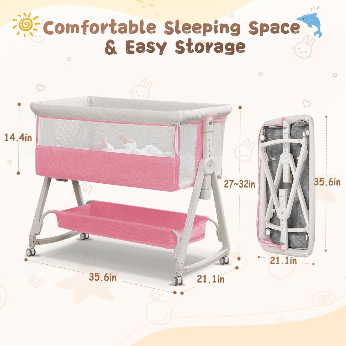 Baby Bassinet, Bedside Sleeper for Baby with Wheels and Storage Basket,All Mesh Portable Bassinet for Newborn,6 Height Adjustable Easy to Assemble Bedside Crib (Upgrade Grey) - LittleTreasures