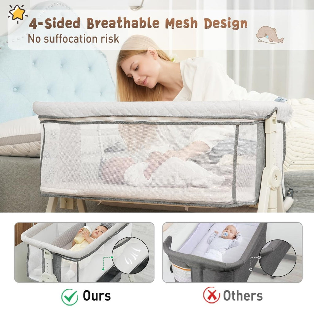 Baby Bassinet, Bedside Sleeper for Baby with Wheels and Storage Basket,All Mesh Portable Bassinet for Newborn,6 Height Adjustable Easy to Assemble Bedside Crib (Upgrade Grey) - LittleTreasures