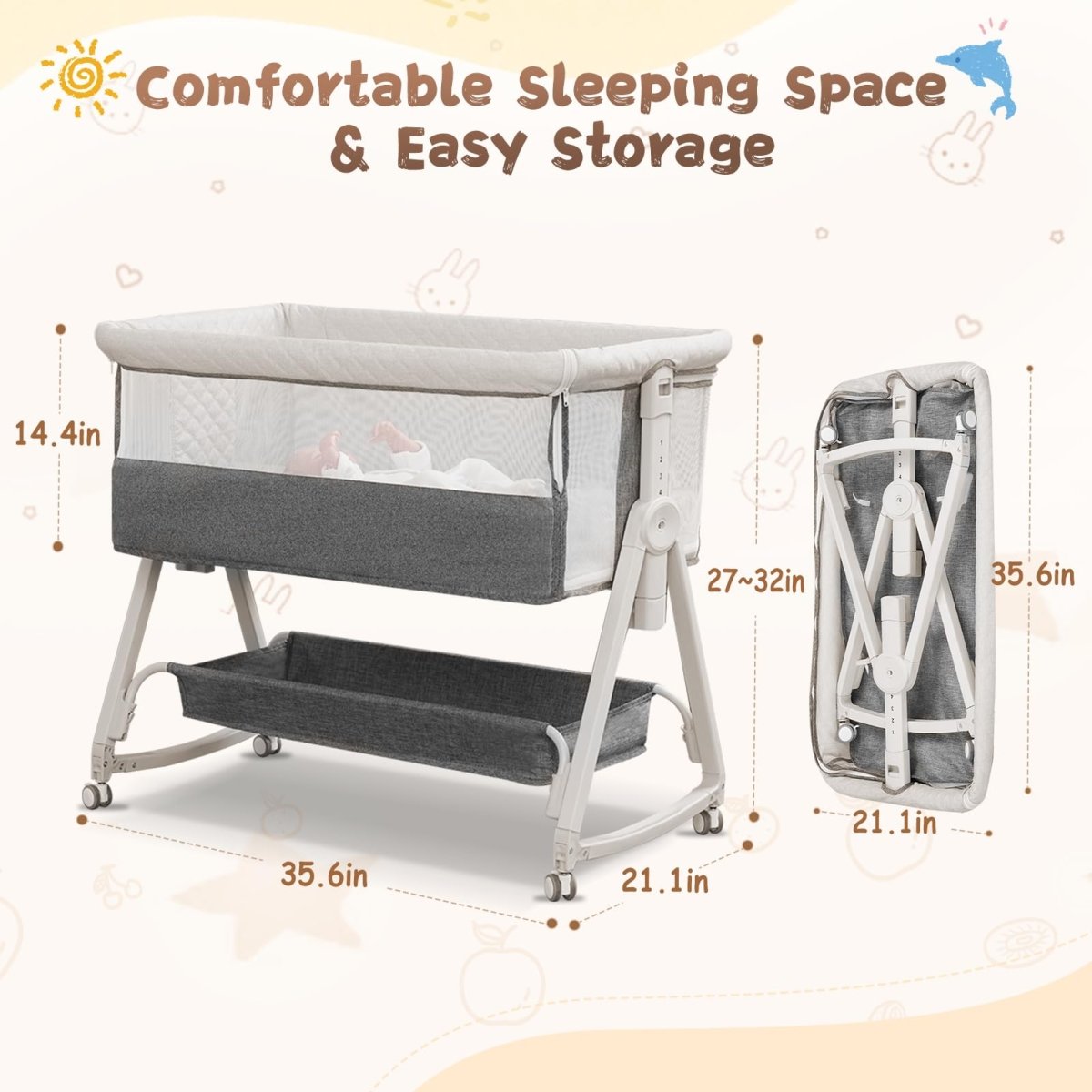 Baby Bassinet, Bedside Sleeper for Baby with Wheels and Storage Basket,All Mesh Portable Bassinet for Newborn,6 Height Adjustable Easy to Assemble Bedside Crib (Upgrade Grey) - LittleTreasures