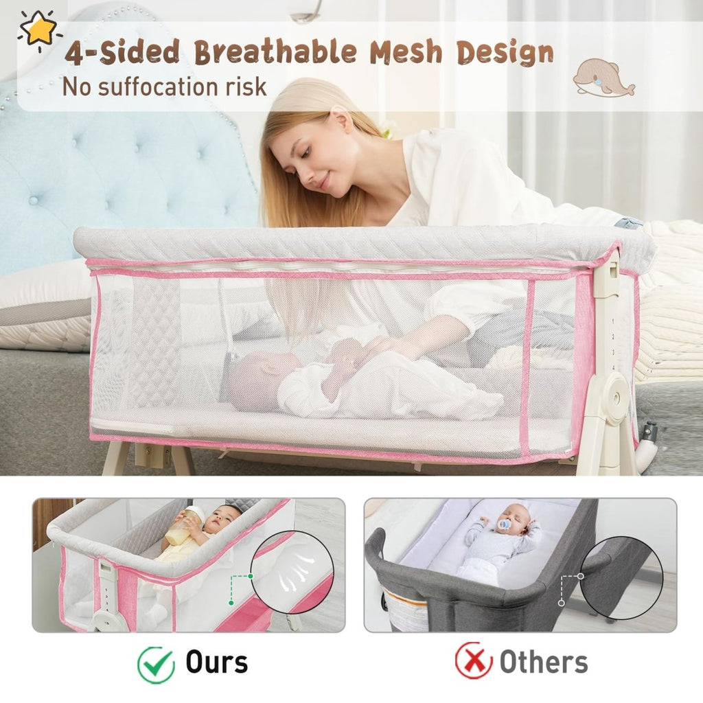 Baby Bassinet, Bedside Sleeper for Baby with Wheels and Storage Basket,All Mesh Portable Bassinet for Newborn,6 Height Adjustable Easy to Assemble Bedside Crib (Upgrade Grey) - LittleTreasures