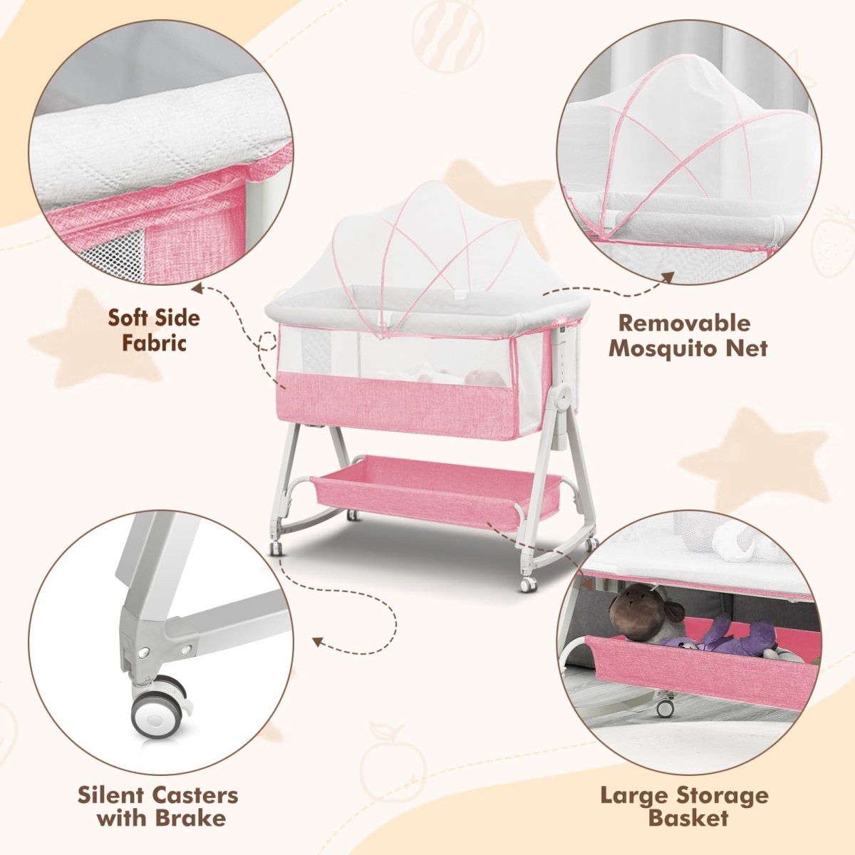 Baby Bassinet, Bedside Sleeper for Baby with Wheels and Storage Basket,All Mesh Portable Bassinet for Newborn,6 Height Adjustable Easy to Assemble Bedside Crib (Upgrade Grey) - LittleTreasures
