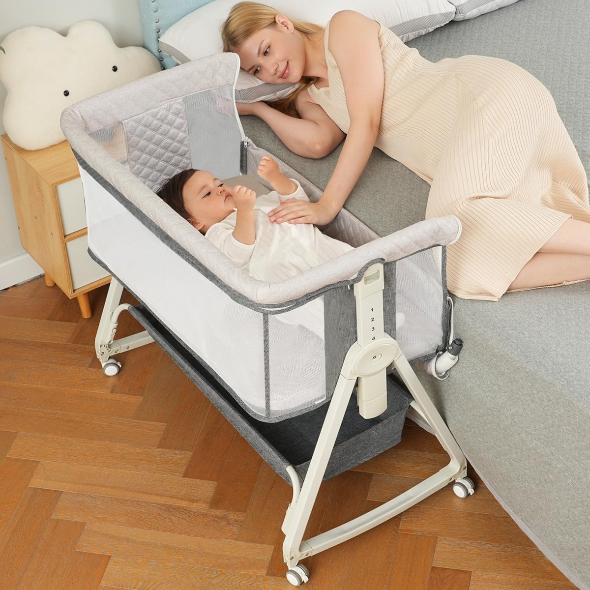 Baby Bassinet, Bedside Sleeper for Baby with Wheels and Storage Basket,All Mesh Portable Bassinet for Newborn,6 Height Adjustable Easy to Assemble Bedside Crib (Upgrade Grey) - LittleTreasures