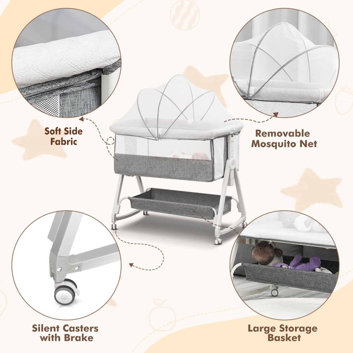 Baby Bassinet, Bedside Sleeper for Baby with Wheels and Storage Basket,All Mesh Portable Bassinet for Newborn,6 Height Adjustable Easy to Assemble Bedside Crib (Upgrade Grey) - LittleTreasures
