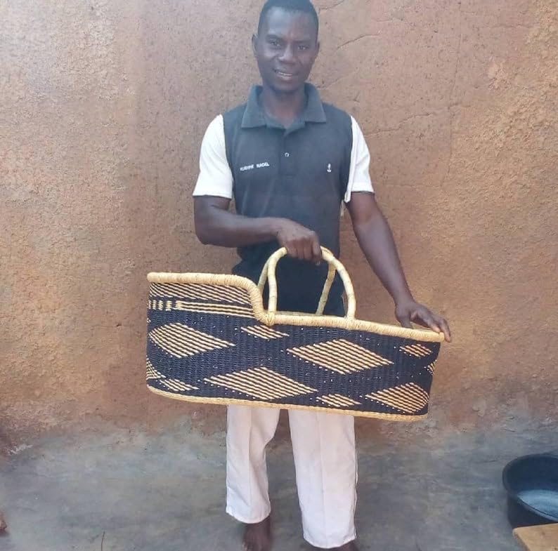 Baby bassinet with swinging stand Bolga Woven baby bed, Newborn baby gift, modern baby bed, Baby bedding with can stand (Basket with cane stand) - LittleTreasures