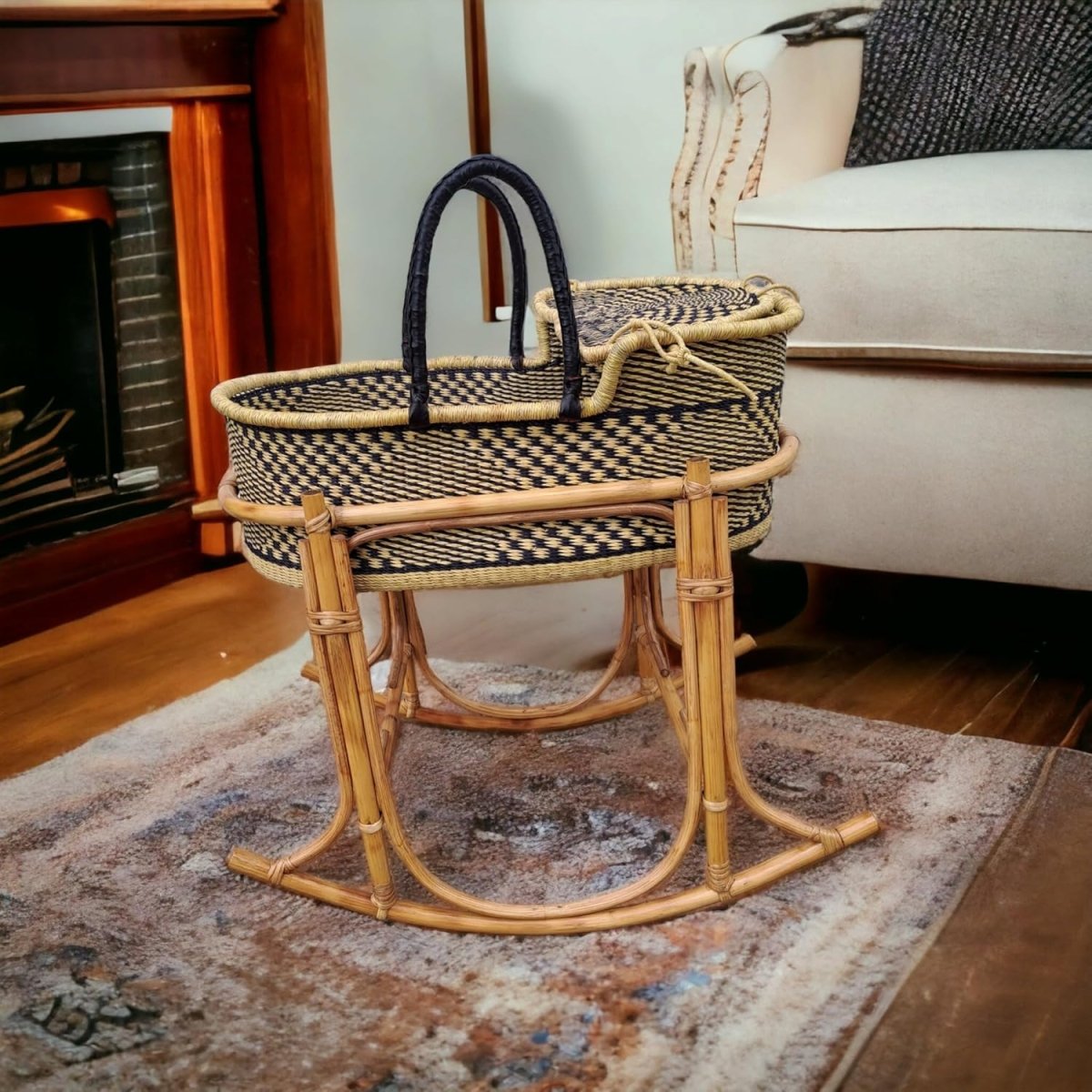 Baby bassinet with swinging stand Bolga Woven baby bed, Newborn baby gift, modern baby bed, Baby bedding with can stand (Basket with cane stand) - LittleTreasures