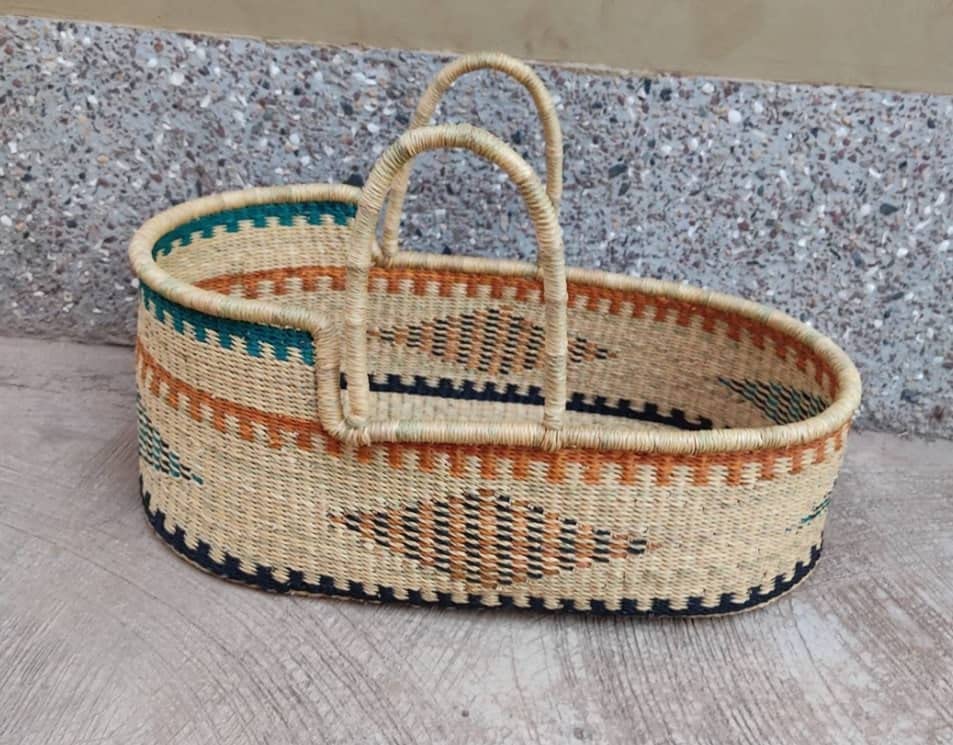 Baby bassinet with swinging stand Bolga Woven baby bed, Newborn baby gift, modern baby bed, Baby bedding with can stand (Basket with cane stand) - LittleTreasures