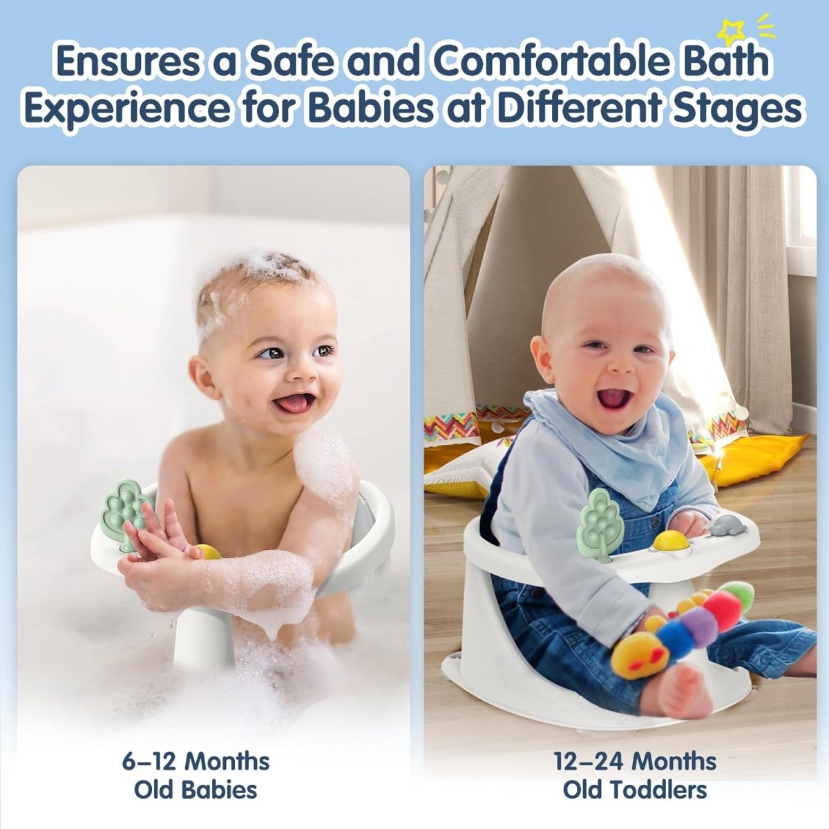 Baby Bath Seat for Babies 6 Months & Up, Non - Slip with Suction Cups, Safe & Comfortable Infant Bath Seat for Bathtub, Grey - LittleTreasures