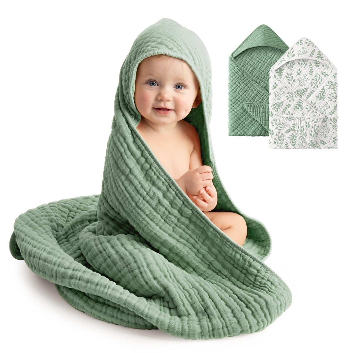 Baby Bath Towels, 100% Muslin Cotton Hooded Baby Towels for Newborn, Infant and Toddler, 2 Pack Soft and Absorbent Unisex Bath Essentials with Large 32x32Inch Size - LittleTreasures