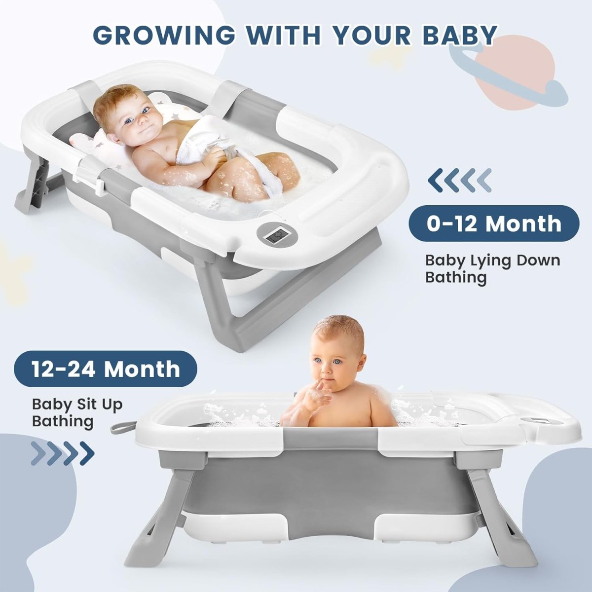 Baby Bathtub, Newborns Bath Essentials, Portable Bath tub For Infant 0 - 24 Months，Baby Shower Gifts With Soft Cushion,Temperature Sensor and Tray - LittleTreasures