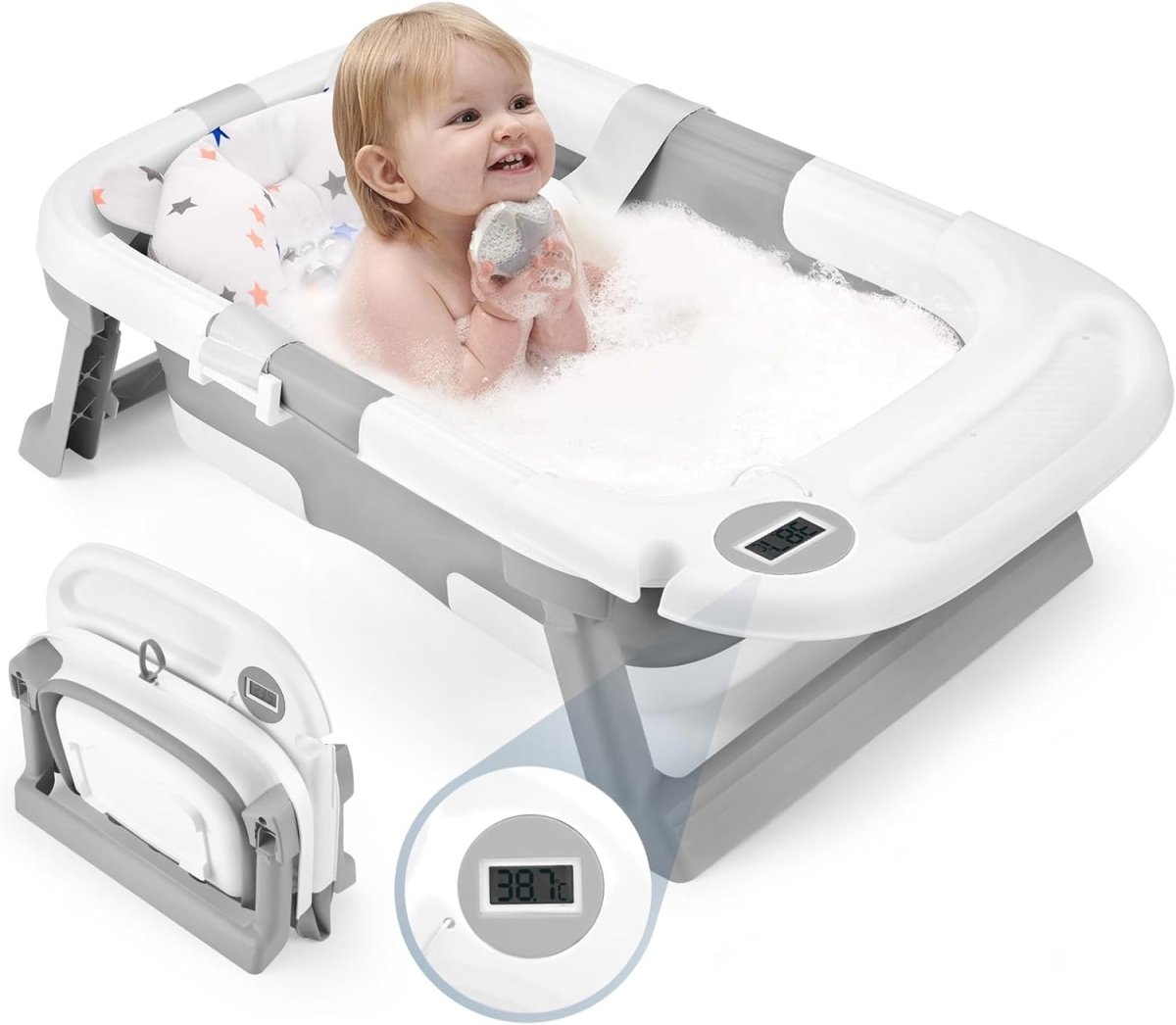 Baby Bathtub, Newborns Bath Essentials, Portable Bath tub For Infant 0 - 24 Months，Baby Shower Gifts With Soft Cushion,Temperature Sensor and Tray - LittleTreasures
