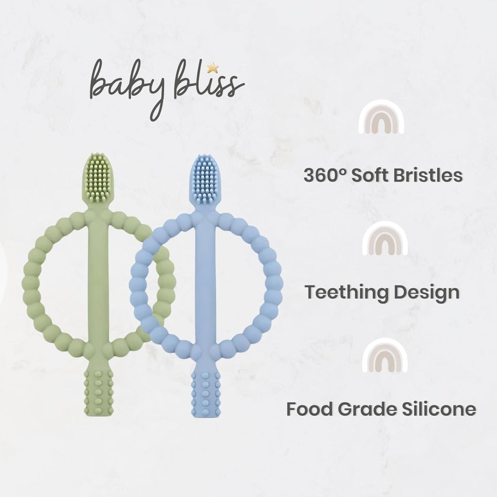 Baby Bliss 2 Pack Baby Toothbrush First Stage, 100% Food Grade Silicone Baby Tongue Cleaner Newborn Infant Toothbrush, Extra Soft Baby Finger Toothbrush, 0 Months + (Teal & Sage) - LittleTreasures