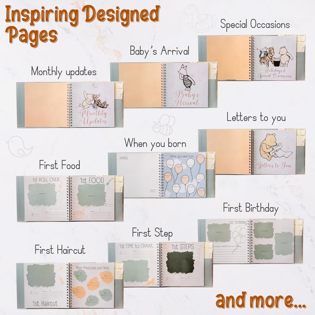 Baby Book Keepsake Memory Book (9.5”x8.5”), Hardcover Album w/Enclosed Spiral Binding, Baby Photo Albums w/Winnie the Pooh Graphics & Milestone Cards, Scrapbook Album - LittleTreasures