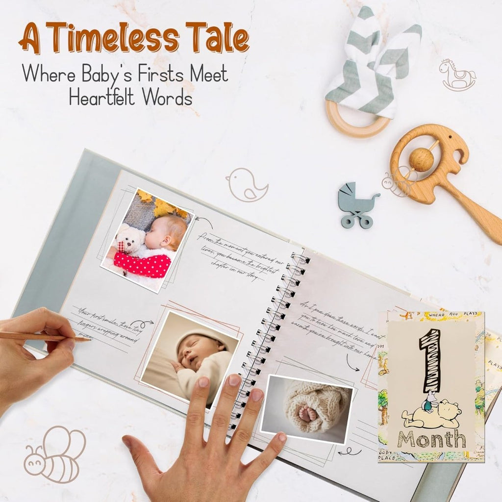 Baby Book Keepsake Memory Book (9.5”x8.5”), Hardcover Album w/Enclosed Spiral Binding, Baby Photo Albums w/Winnie the Pooh Graphics & Milestone Cards, Scrapbook Album - LittleTreasures