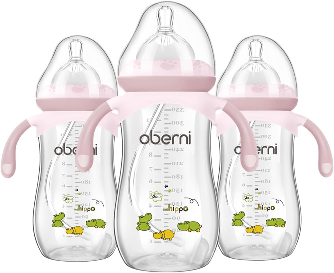 Baby Bottle 330ml, 11oz Weighted Straw Toddler Milk Feeding Bottle with Size “+” Variable Flow Teat for 12m+, Pink/ 2 Pack - LittleTreasures