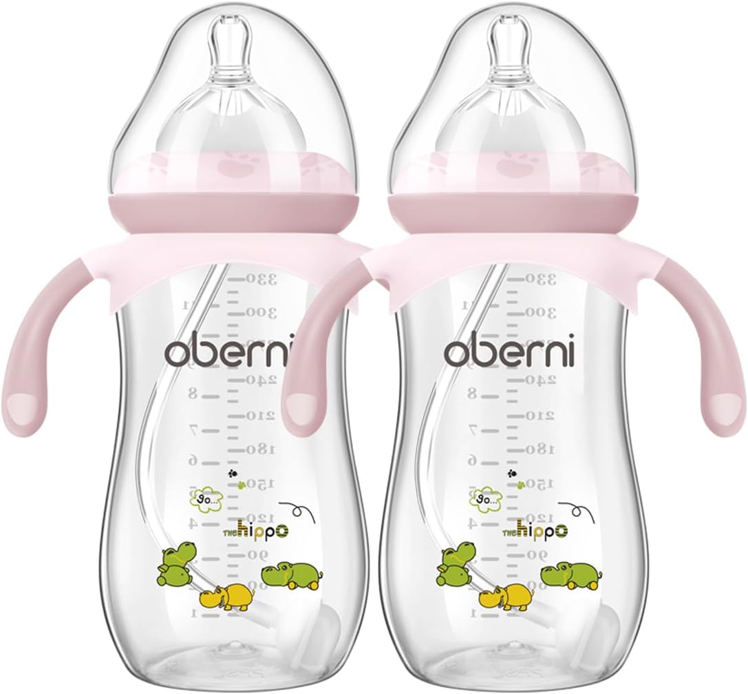 Baby Bottle 330ml, 11oz Weighted Straw Toddler Milk Feeding Bottle with Size “+” Variable Flow Teat for 12m+, Pink/ 2 Pack - LittleTreasures