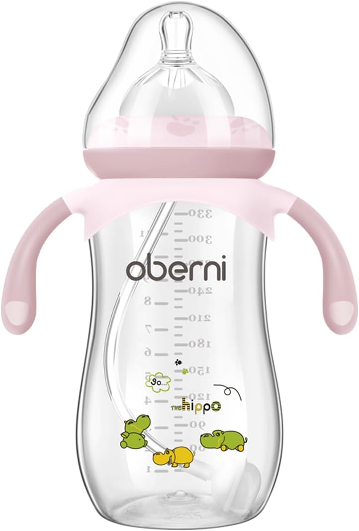 Baby Bottle 330ml, 11oz Weighted Straw Toddler Milk Feeding Bottle with Size “+” Variable Flow Teat for 12m+, Pink/ 2 Pack - LittleTreasures