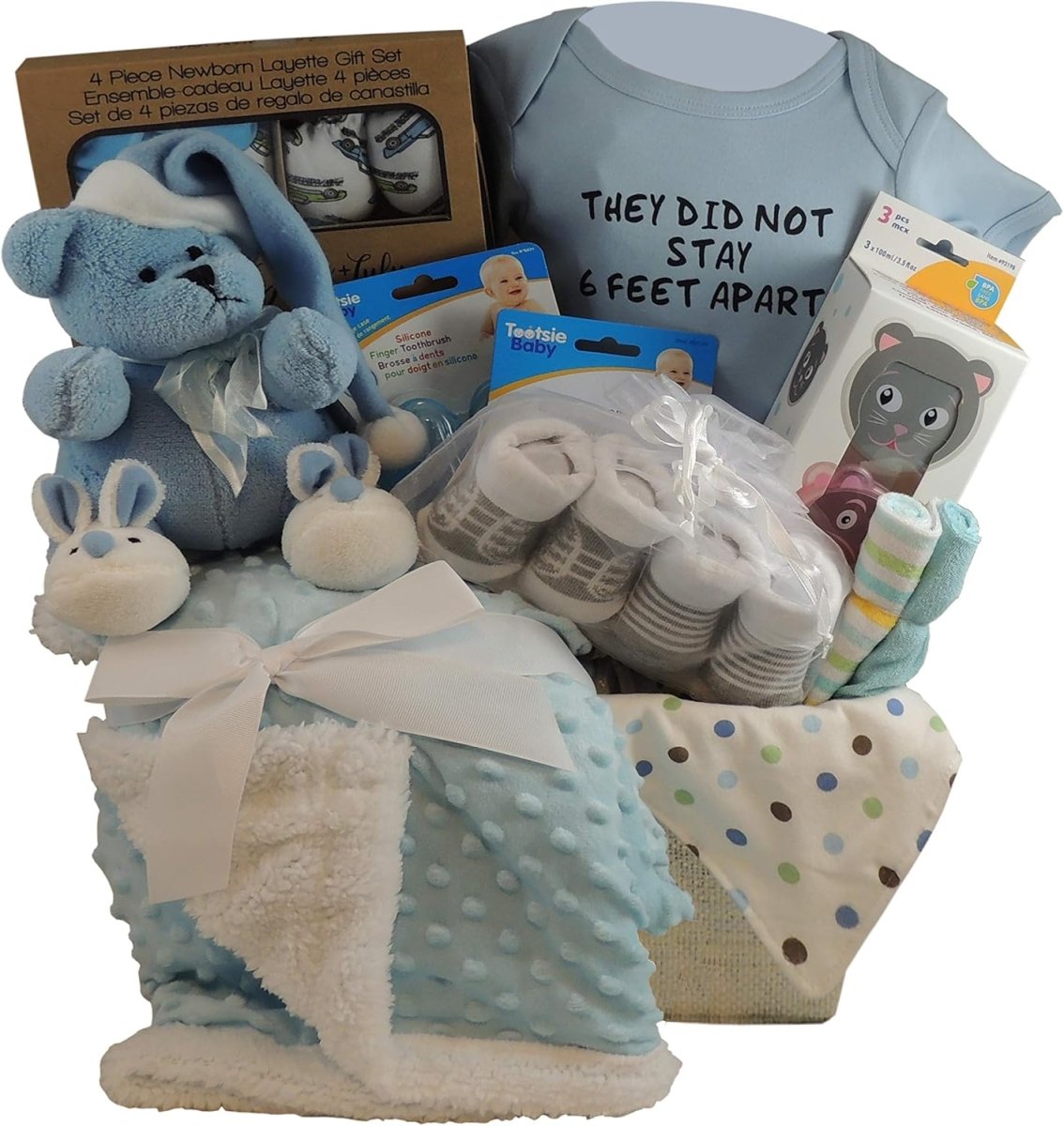 Baby Boy Gift Basket: They Did Not Stay 6 Feet Apart. Blue Bear, Sherpa Blanket, 3pc Snack Containers, 4pc Layette Gift Set and more - LittleTreasures