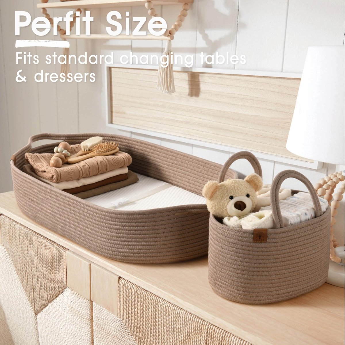 Baby Changing Basket includes Diaper Caddy - Soft & Waterproof Dual - Cover, Portable, Changing Pad for Dresser & Changing Table, Gift for Baby Shower, Organic Cotton Rope - LittleTreasures