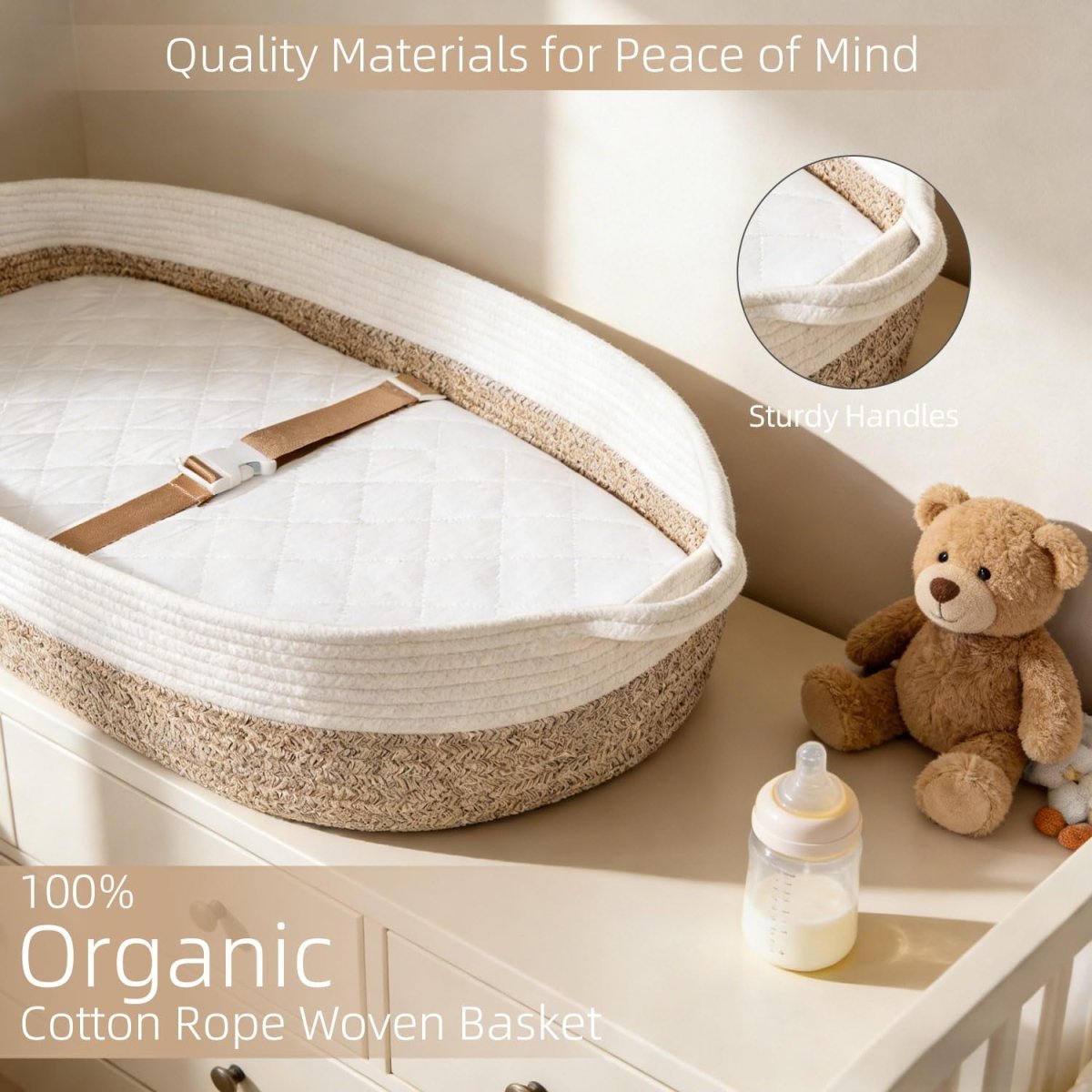 Baby Changing Basket with Diaper Changing Pad, Breathable & Waterproof Dual - Cover Foldable Portable Travel Cotton Rope Baby Changing Mat for Dresser & Table Gift for Baby Shower - LittleTreasures
