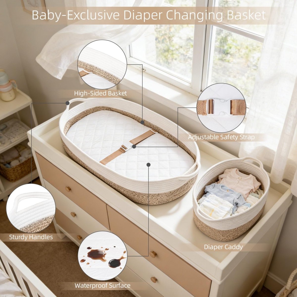 Baby Changing Basket with Diaper Changing Pad, Breathable & Waterproof Dual - Cover Foldable Portable Travel Cotton Rope Baby Changing Mat for Dresser & Table Gift for Baby Shower - LittleTreasures