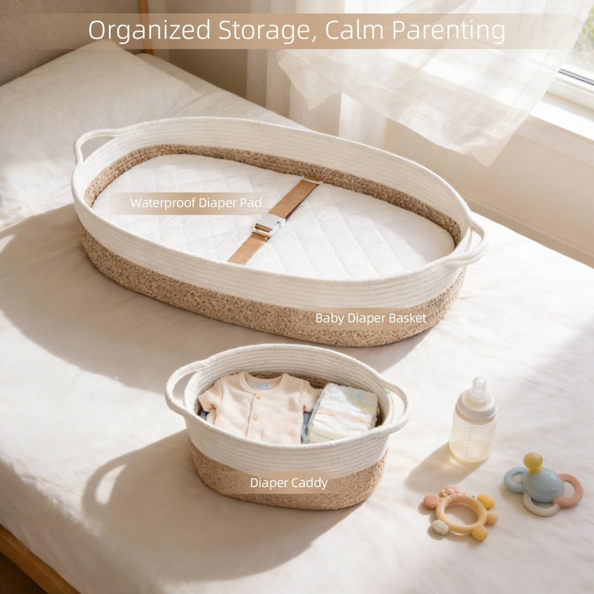 Baby Changing Basket with Diaper Changing Pad, Breathable & Waterproof Dual - Cover Foldable Portable Travel Cotton Rope Baby Changing Mat for Dresser & Table Gift for Baby Shower - LittleTreasures