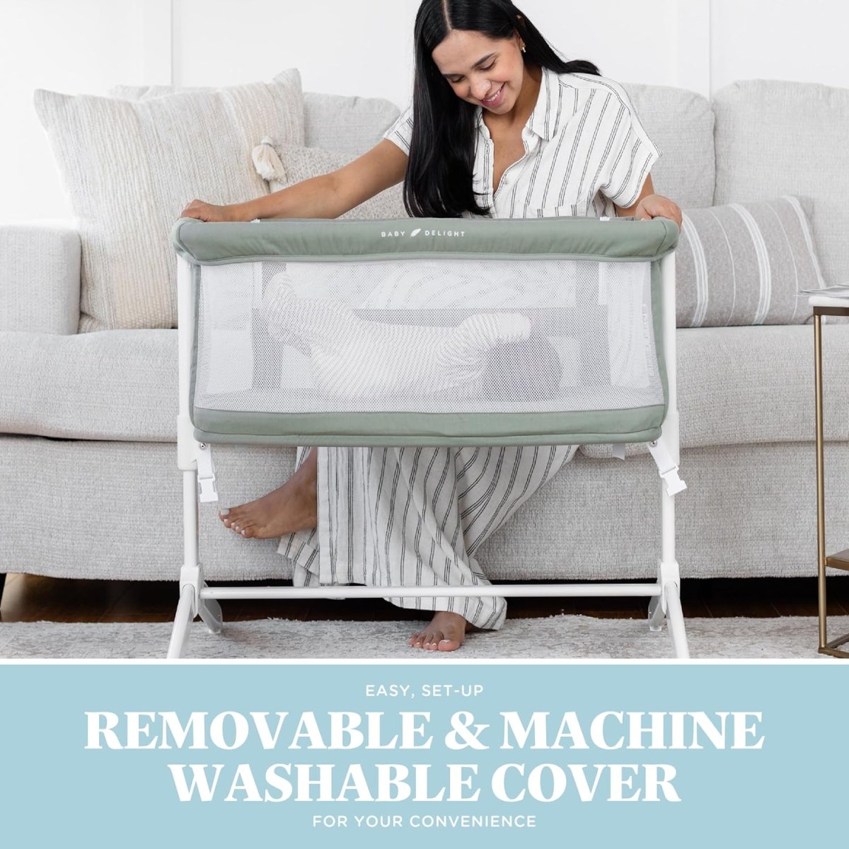 Baby Delight Beside Me Serenity Bassinet | Lightweight Bedside Sleeper & Baby Bassinet | 7 - Position Height Adjustment | 100% GOTS Certified Organic Cotton Fabric | Organic Sage - LittleTreasures