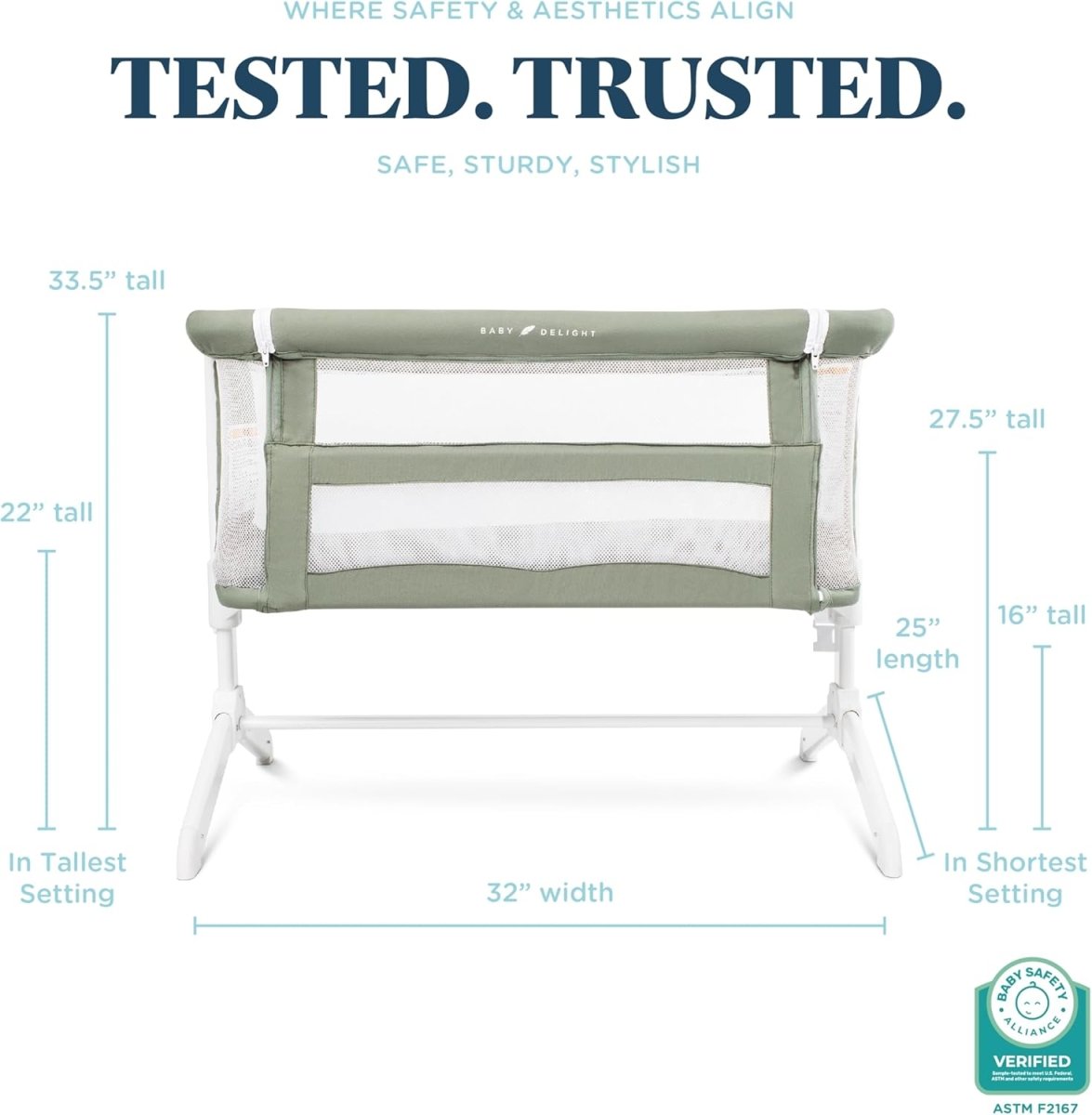 Baby Delight Beside Me Serenity Bassinet | Lightweight Bedside Sleeper & Baby Bassinet | 7 - Position Height Adjustment | 100% GOTS Certified Organic Cotton Fabric | Organic Sage - LittleTreasures