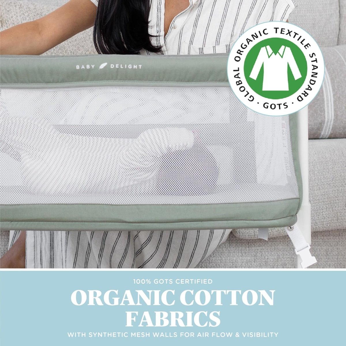 Baby Delight Beside Me Serenity Bassinet | Lightweight Bedside Sleeper & Baby Bassinet | 7 - Position Height Adjustment | 100% GOTS Certified Organic Cotton Fabric | Organic Sage - LittleTreasures