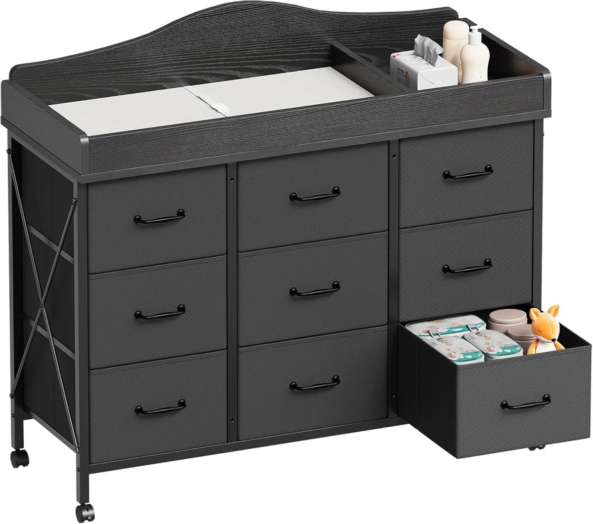 Baby Dresser with Changing Table Top, Changing Table Dresser with 9 Fabric Drawers, Waterproof Diaper Changing Station & Pad, Mobile Nursery Storage Unit, Baby Furniture, Bedroom, Black - LittleTreasures